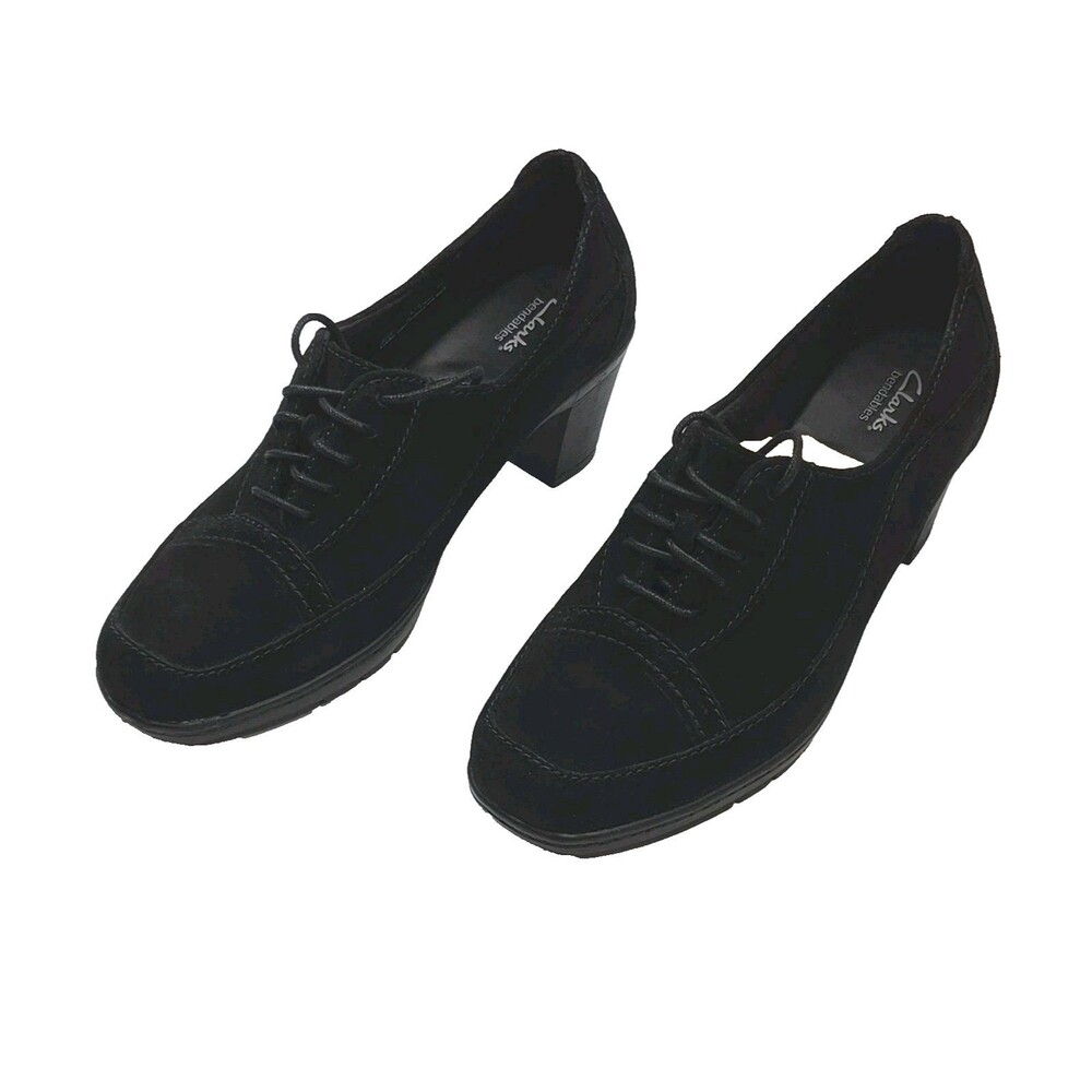 Clarks Bendables Loafers Shoe 2.5" Heel Women Sz 8.5W Wide Black Suede Tie